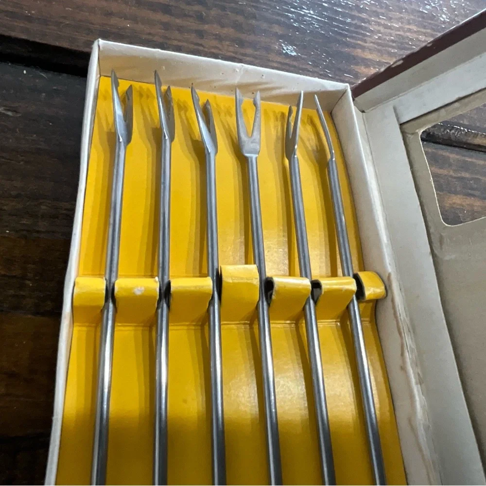 Vintage Set of 6 Fondue Forks with Colored Ends IOB Japan